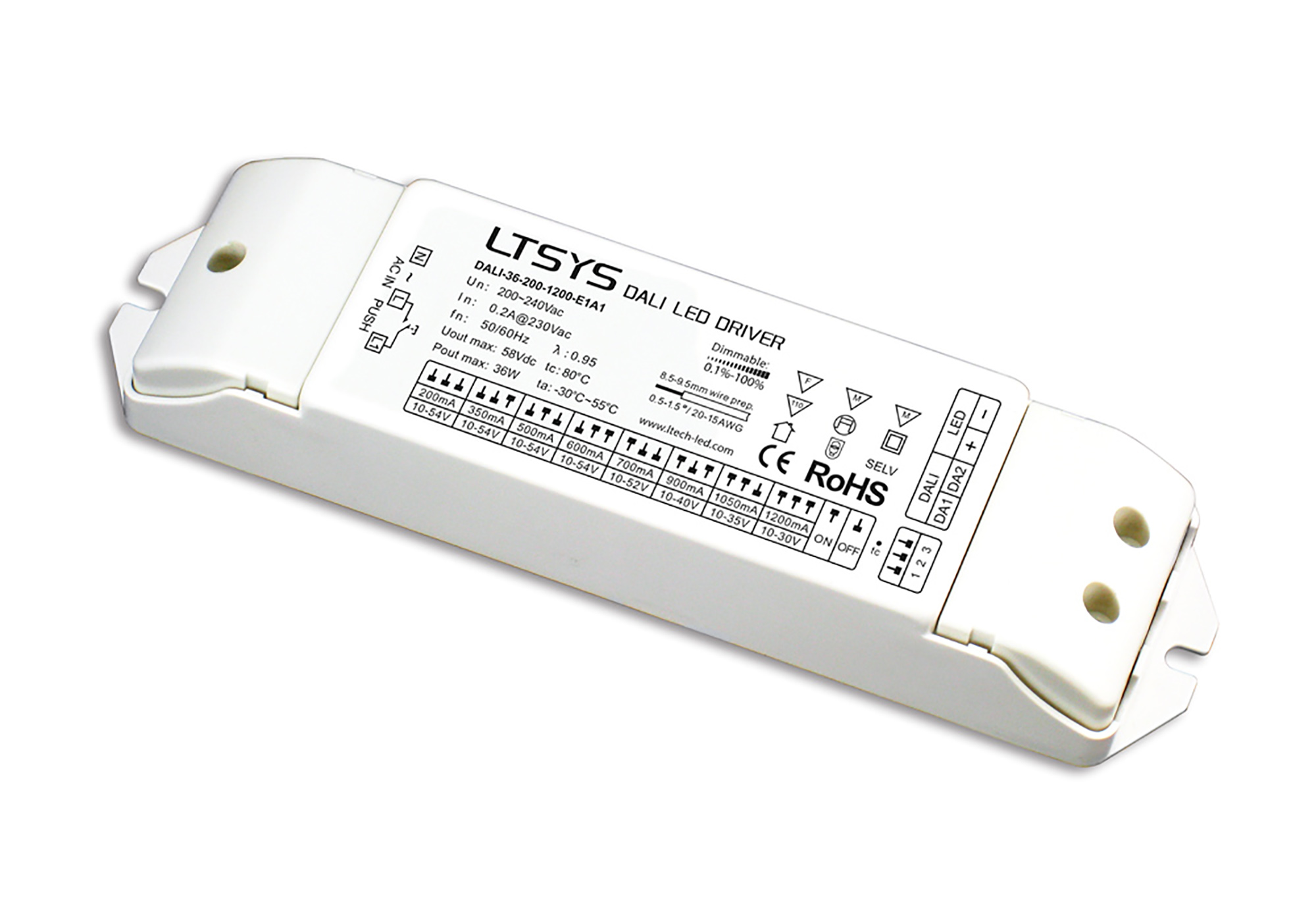DALI-36-200-1200-E1A1  DALI Push Dim PWM 2-36W Current Dimmable Driver DC:10-54V